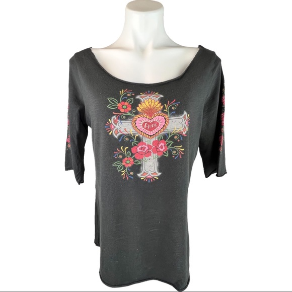 Lucky Brand Tops - Lucky Brand Floral Crucifix Thin T-Shirt Top L Gray